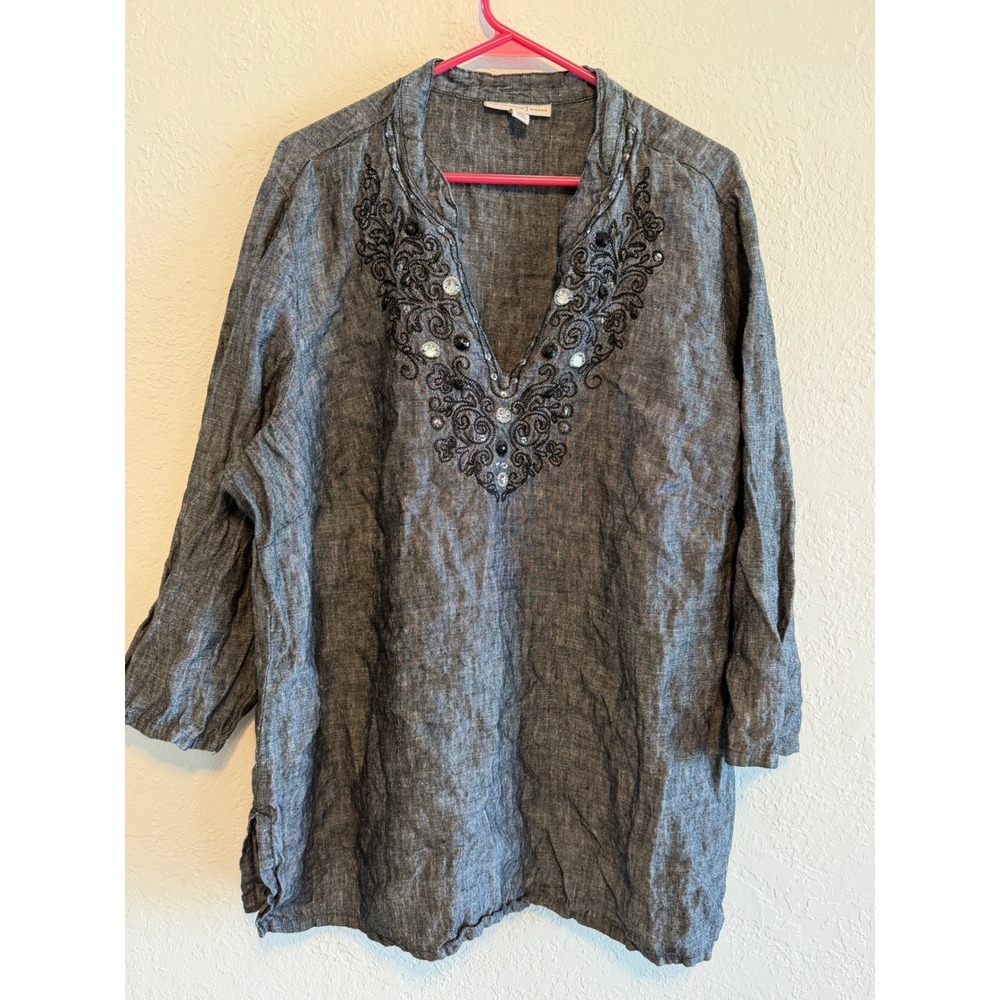JM Collection Woman Linen Tunic Top Gray Embroidered Rhinestone V-Neck 22W